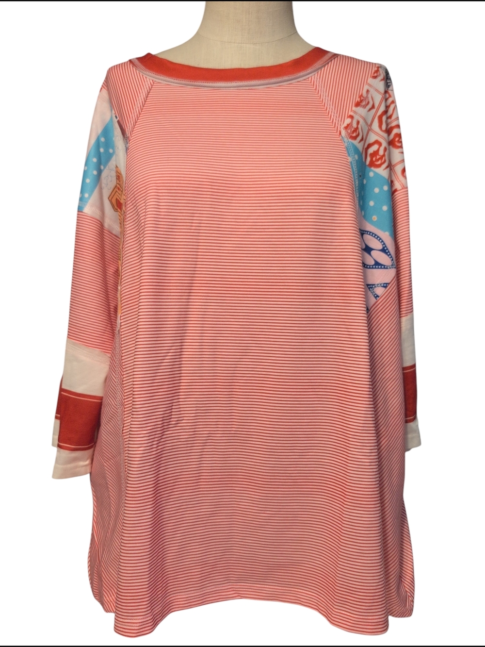 New Striped Coral Tee with Patterned Sleeves Boho Silhouette Top Shirt Large